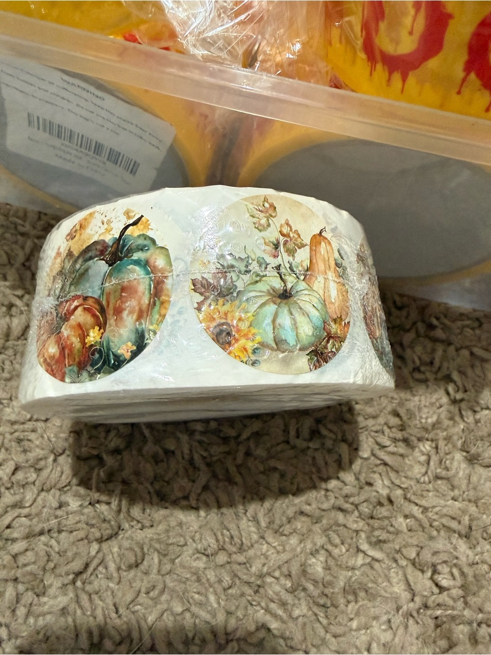 Round Autumn Pumpkin Sticker Roll - Watercolor Harvest Design 1000 count